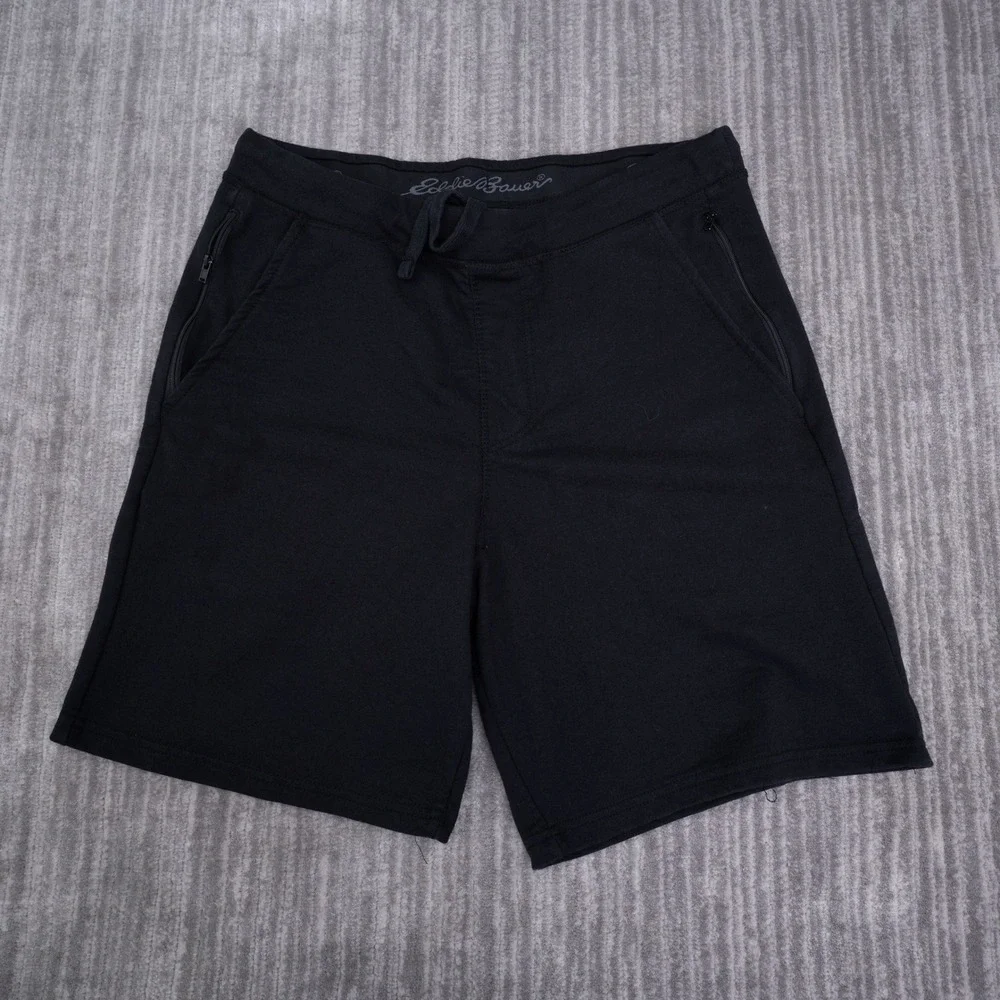 Eddie Bauer Lounge Shorts Mens Large Black Cotton Blend Drawstring Zip Pockets